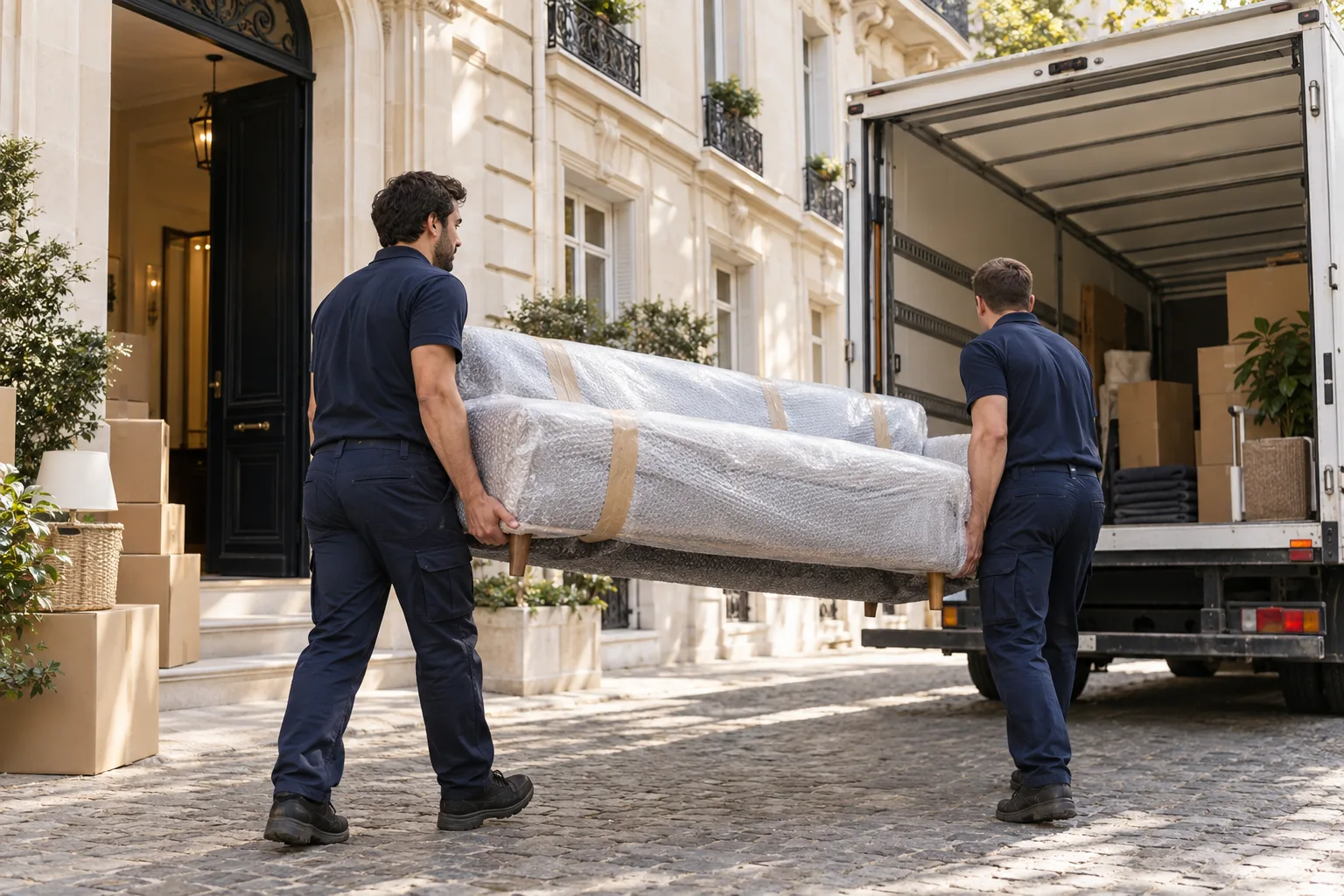 Illustration générée par IA : déménageurs transportant un canapé protégé.